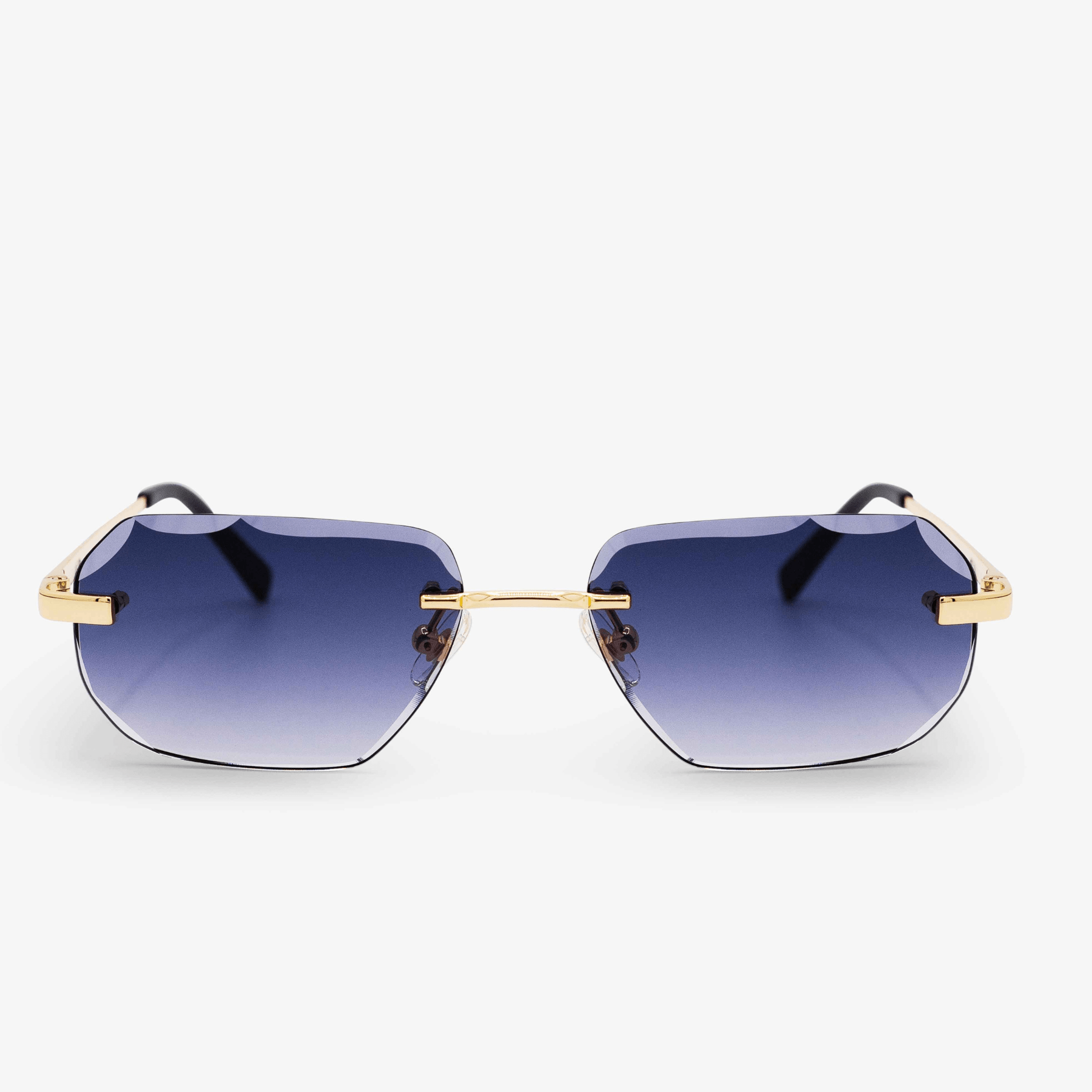 Model Jubilee diamond-cut, grey rimless sunglasses with 18K gold-plated detailing on the arms and bridge, against a white background.