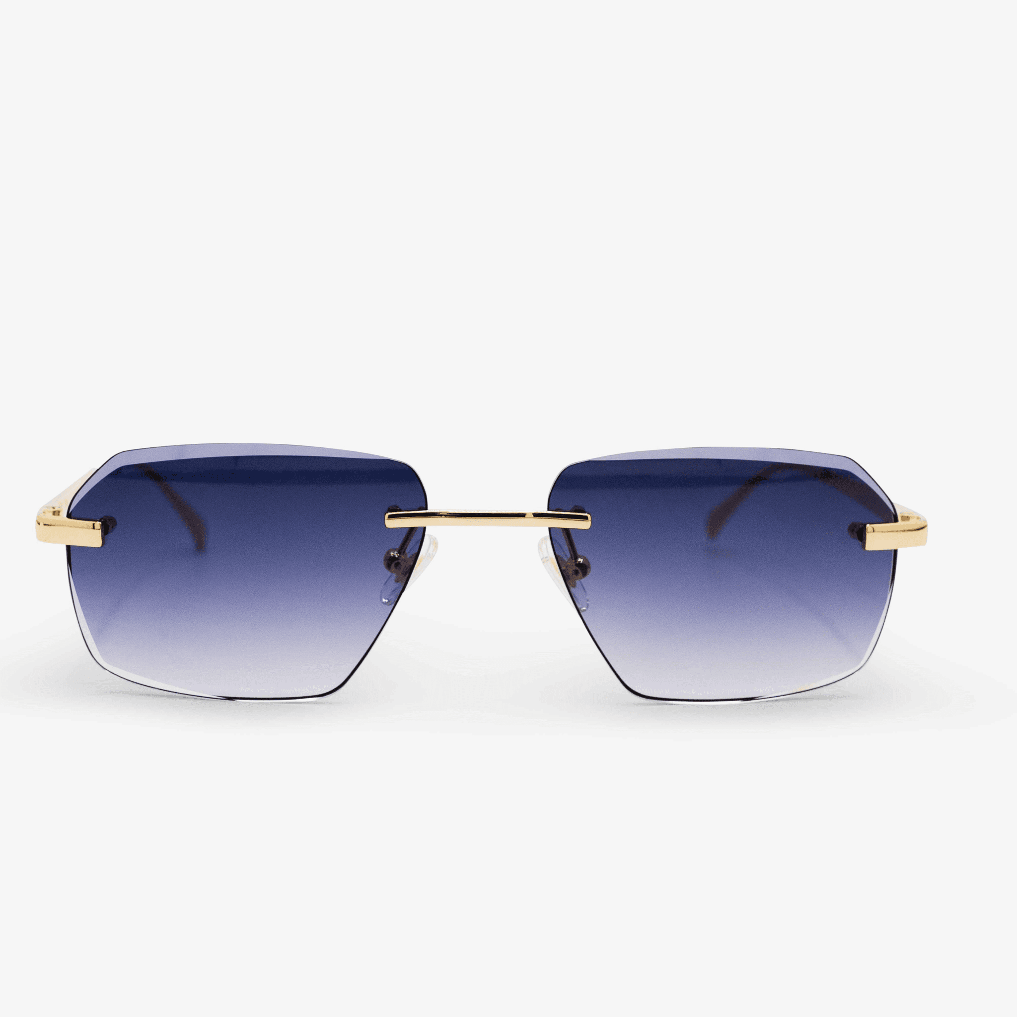 Model Sancy sunglasses showcasing a modern grey diamond-cut, rimless design with 18K gold accents on the arms and bridge, featuring a striking blue tint, against a white background.