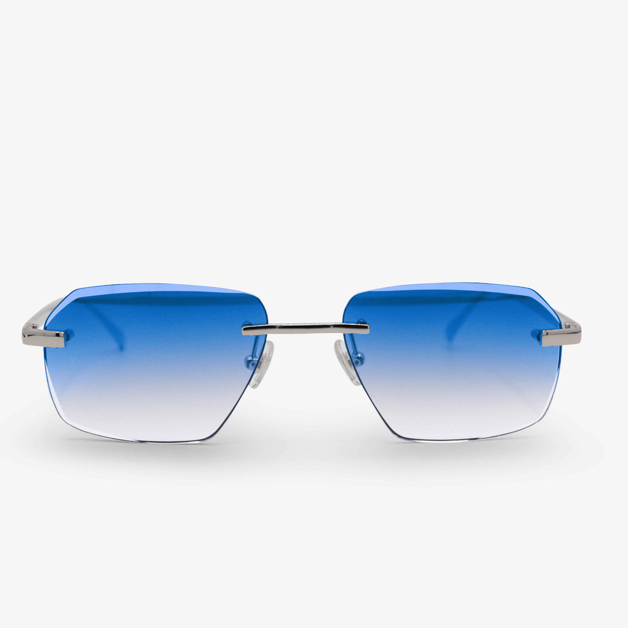 Sancy rimless glasses showcasing a diamond cut design with onyx blue lenses complemented by sterling silver frame accents, presented in a clean and clear front view against a white background.